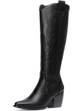 DREAM PAIRS Womens Black Cowboy Boots Wide Calf Knee High Boots Ladies